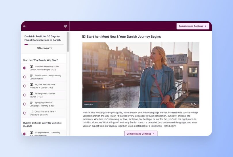 Teachable courses interface: Danish language learning course interface showing 3% completion progress with lesson list and video player featuring instructor in Copenhagen setting