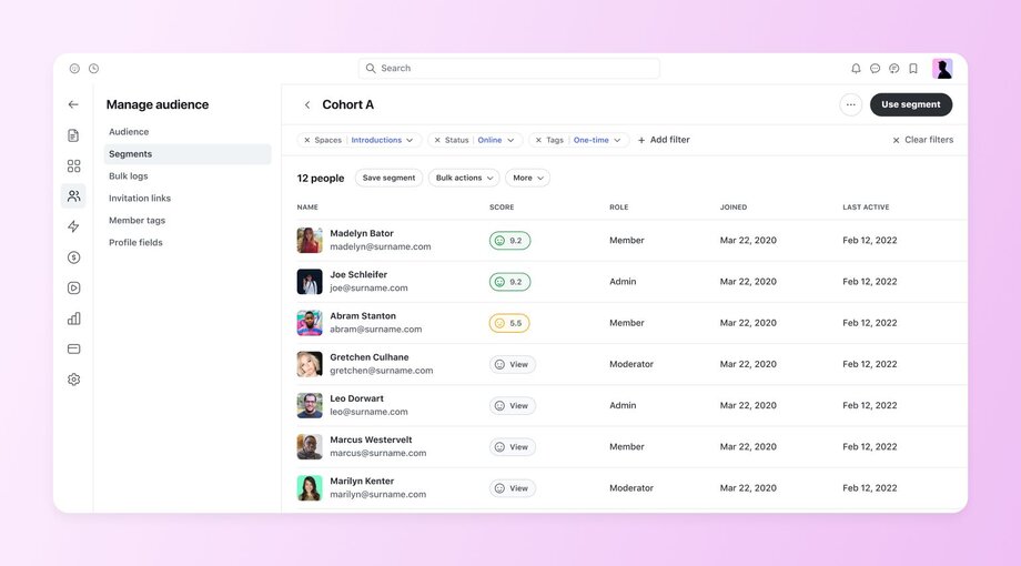 A member management interface showing 'Cohort A' with 12 people, displaying a filtered list of members with their profile photos, names, email addresses, engagement scores, roles (Member, Admin, Moderator), join dates (all Mar 22, 2020), and last active dates (all Feb 12, 2022).