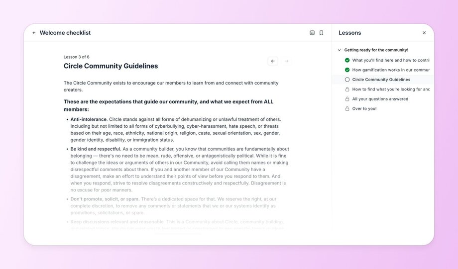 Screenshot from Circle’s onboarding flow listing expectations around anti-intolerance, respectful discourse, and avoiding spam.