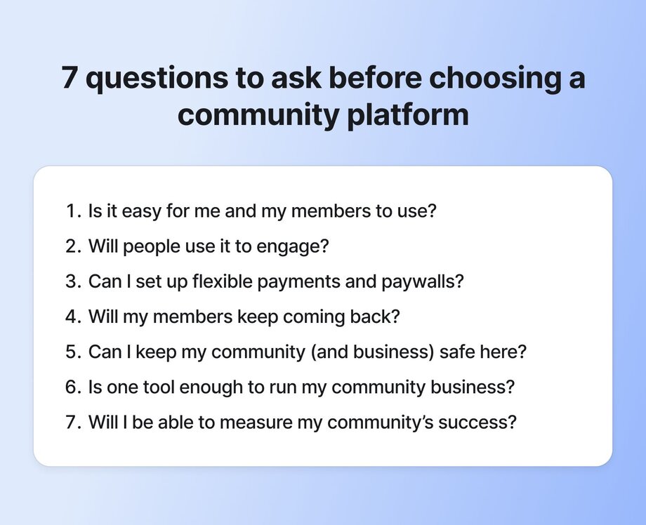 List of 7 strategic questions to evaluate a community platform, including ease of use, engagement, flexible payments, member retention, security, tool sufficiency, and success measurement.
