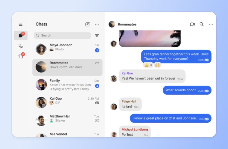 Screenshot of Signal messenger interface showing a group chat named 'Roommates.' The left panel displays recent conversations including chats with Maya Johnson, Family group, and Kai Guo. The right panel shows an active conversation with roommates planning dinner, where the user suggests Thursday, with responses from Kai Guo, Paige Hall suggesting 'Italian?', and Michael Lundberg responding 'Perfect.' The interface features Signal's clean design with blue message bubbles for the user's texts.