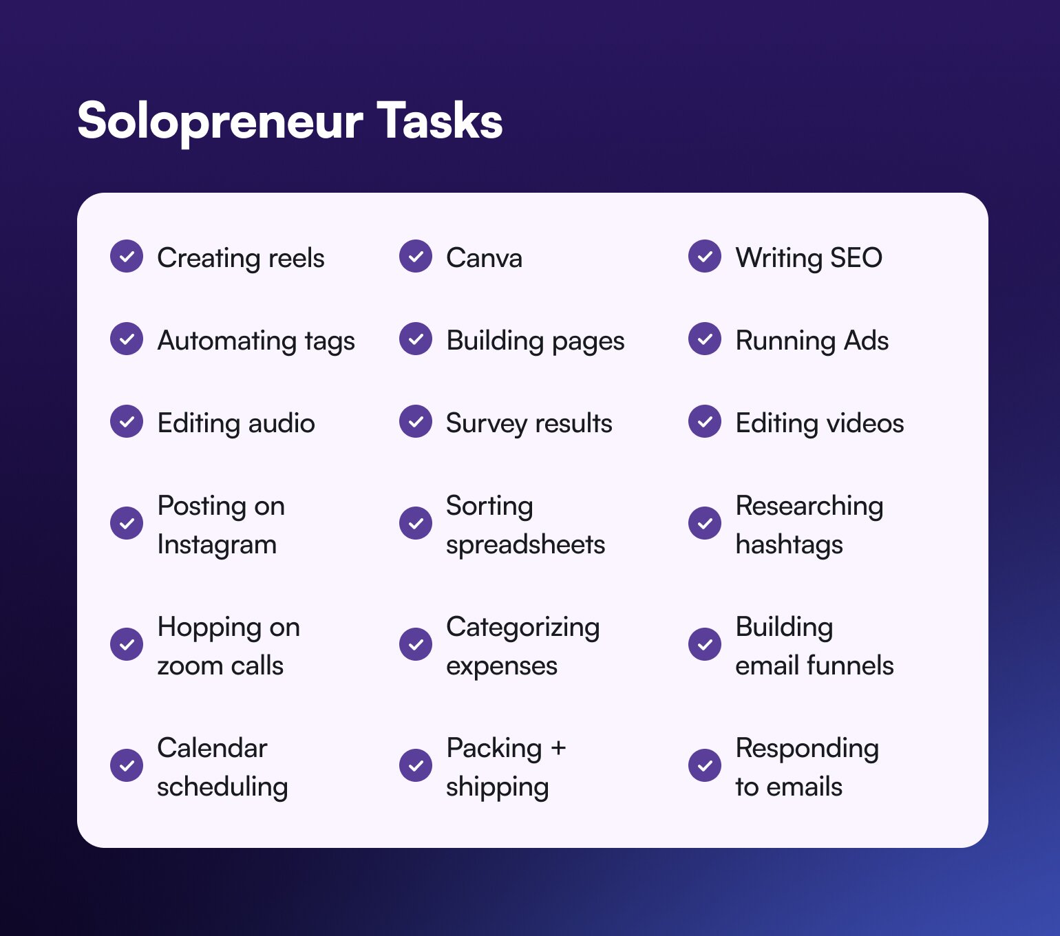 A list of all the tiny little tasks solopreneurs have to deal with, from editing audio and responding to emails, to sorting spreadsheets and researching hashtags.