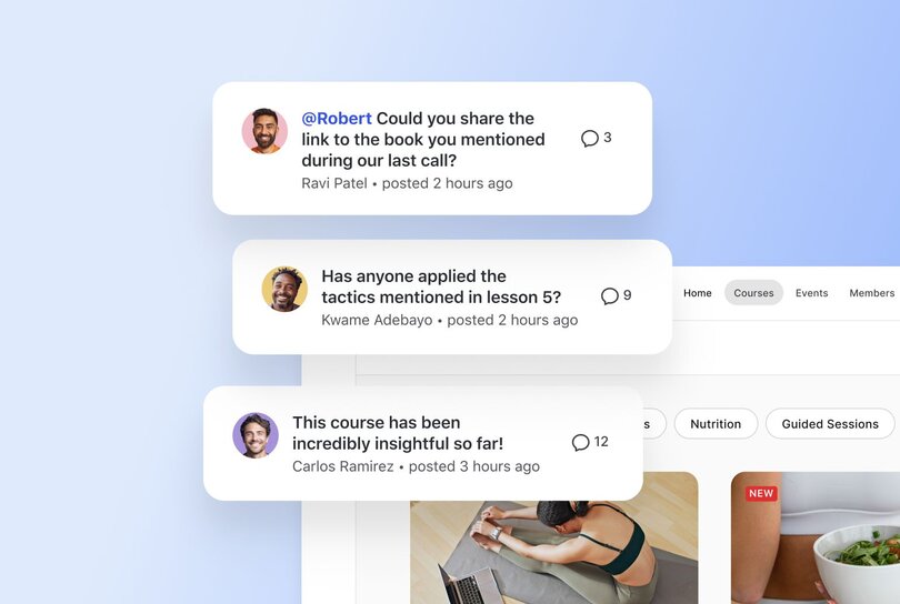 Community discussion feed showing course-related posts from members Ravi Patel, Kwame Adebayo, and Carlos Ramirez asking questions about book recommendations, lesson tactics, and sharing positive course feedback with engagement counts