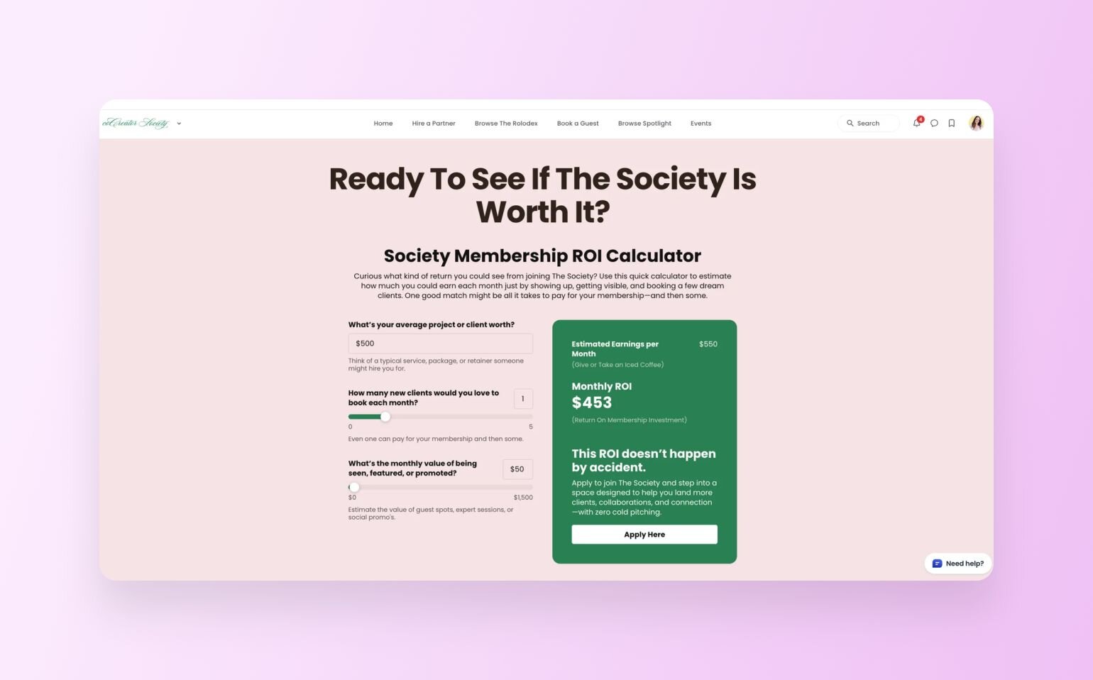 coCreator Society ROI calculator tool titled "Society Membership ROI Calculator." Interactive form allows users to input project values and client goals, showing estimated monthly earnings of $550 and ROI of $453. Features green "Apply Here" button.