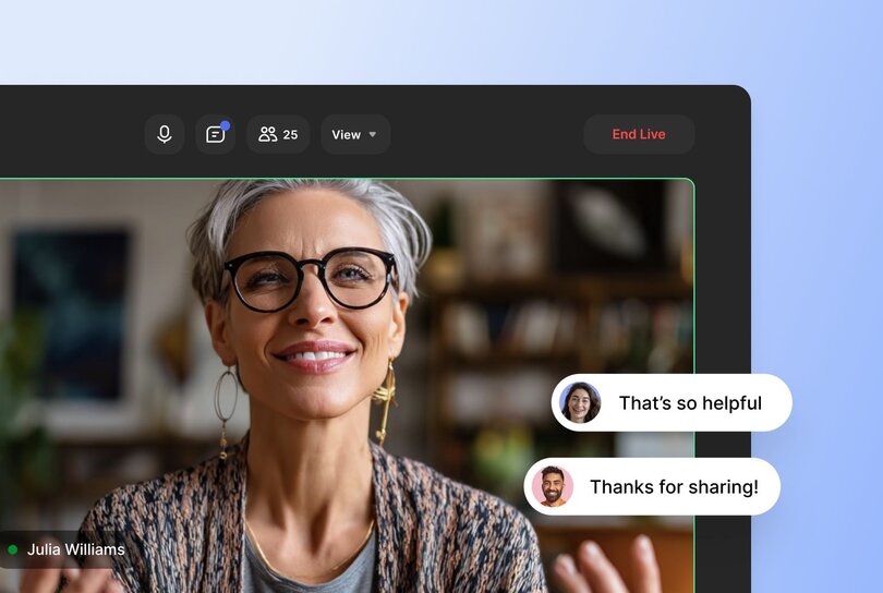 Live video conference interface showing instructor Julia Williams teaching to 25 participants, with chat messages saying 'That's so helpful' and 'Thanks for sharing!
