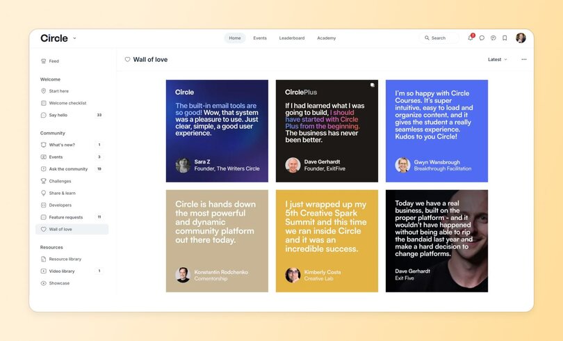 Circle community platform interface showing a 'Wall of love' feed with six colorful testimonial cards from community members including Sara Z, Dave Gerhardt, Gwyn Wansbrough, Konstantin Rodchenko, and Kimberly Costa praising Circle's features