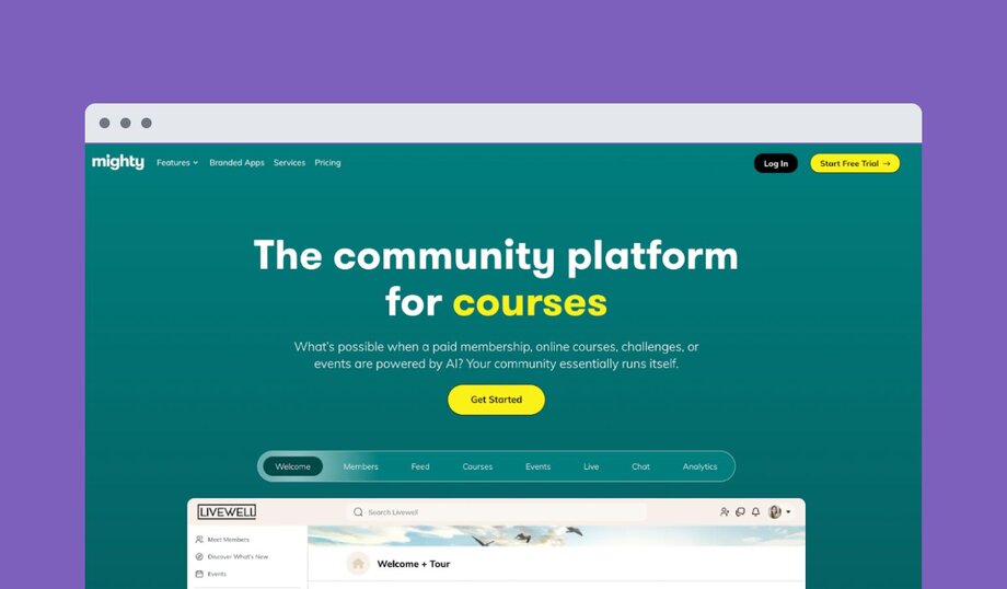 Mighty platform website with teal background. Headline reads "The community platform for courses" with text about AI-powered memberships and community features. Shows demonstration of a platform interface labeled "LIVEWELL".