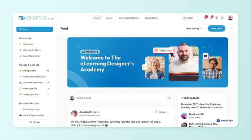 The eLearning Designer's Academy community feed showing welcome banner with member photos, sidebar navigation with discussion categories, and trending posts section