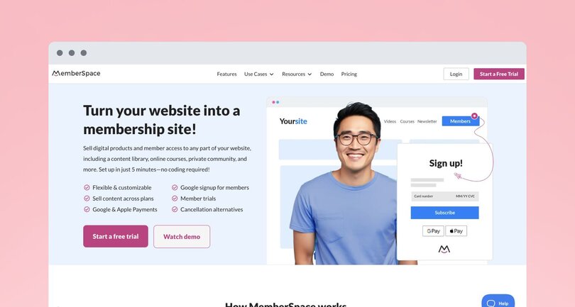 MemberSpace landing page showing a clean, modern interface. Left side contains text 'Turn your website into a membership site!' with feature bullets. Right side shows a mockup of a membership signup form with Google Pay and Apple Pay options.