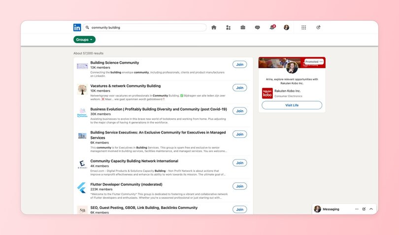 LinkedIn search results for 'community building' groups, listing various professional groups with member counts and join buttons. The right panel displays a promoted job ad and the user’s messaging window.