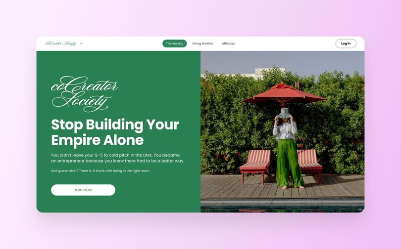 coCreator Society homepage with green and white design featuring a woman in bright clothing by a pool. Headline reads "Stop Building Your Empire Alone" with supporting text about entrepreneurship and community connection. Features a "JOIN NOW" call-to-action button.