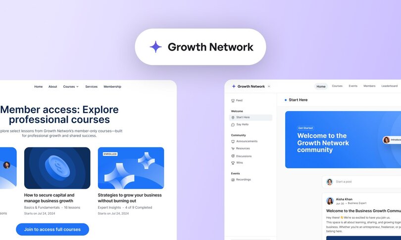 Desktop and mobile view of Growth Network community platform showing member courses, navigation sidebar, and welcome content with course previews and community feed.