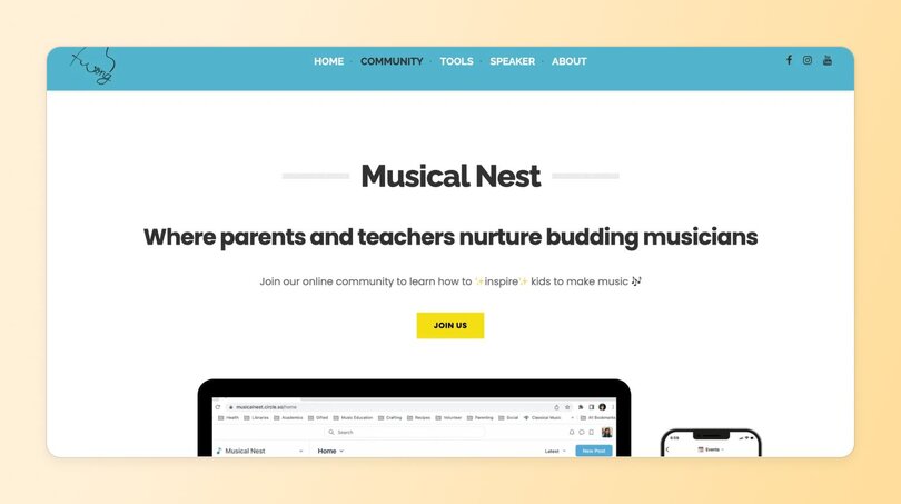 Musical Nest website homepage featuring a teal navigation bar with menu items (Home, Community, Tools, Speaker, About) and social media icons. The main content shows 'Musical Nest' as the title with tagline 'Where parents and teachers nurture budding musicians.' Below is descriptive text about joining an online community to inspire kids to make music, with a yellow 'JOIN US' button. The bottom shows mockups of the platform on desktop and mobile devices.