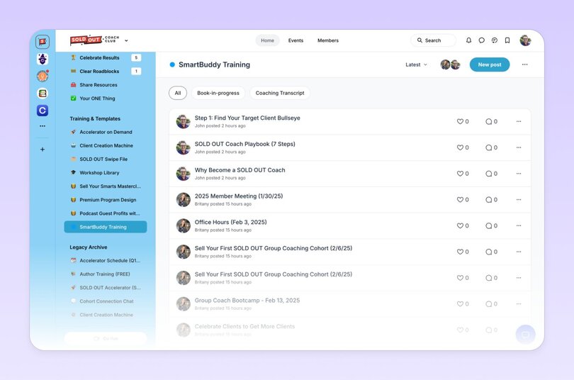 Screenshot of a Circle.so community platform showing 'SmartBuddy Training' content. The left sidebar shows various training categories and the main area displays post topics including 'Target Client Bullseye,' 'Coach Playbook,' and upcoming events for February 2025.