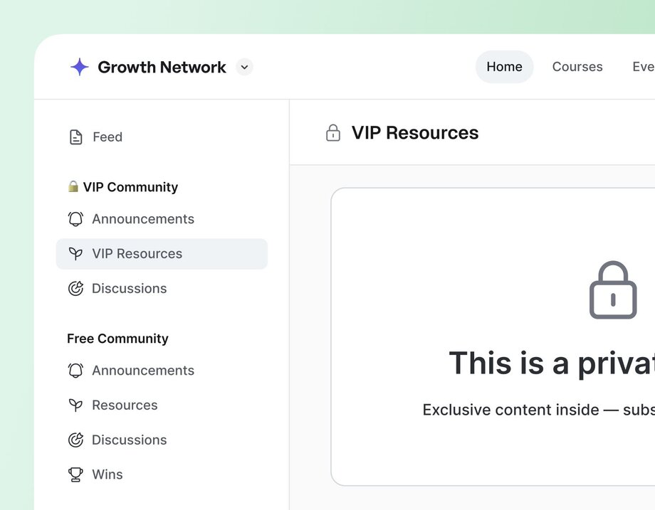 A community interface showing two sidebar sections: “VIP Community” and “Free Community.” The VIP section includes locked icons for exclusive spaces like “VIP Resources,” while the Free Community section has open access spaces like “Announcements” and “Wins.” A lock icon and message on the right indicates private content in the VIP area.
