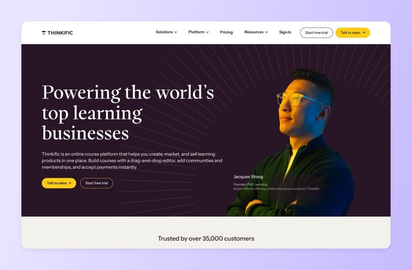 Thinkific platform homepage with headline "Powering the world's top learning businesses". Shows "trusted by over 35,000 customers" metric and features client photo.