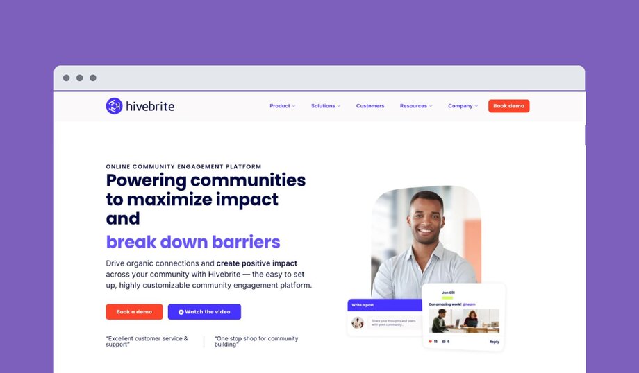 Hivebrite community platform homepage with purple border. Headline reads "Powering communities to maximize impact and break down barriers." Features description of organic connections and community engagement with testimonials and demo request buttons.