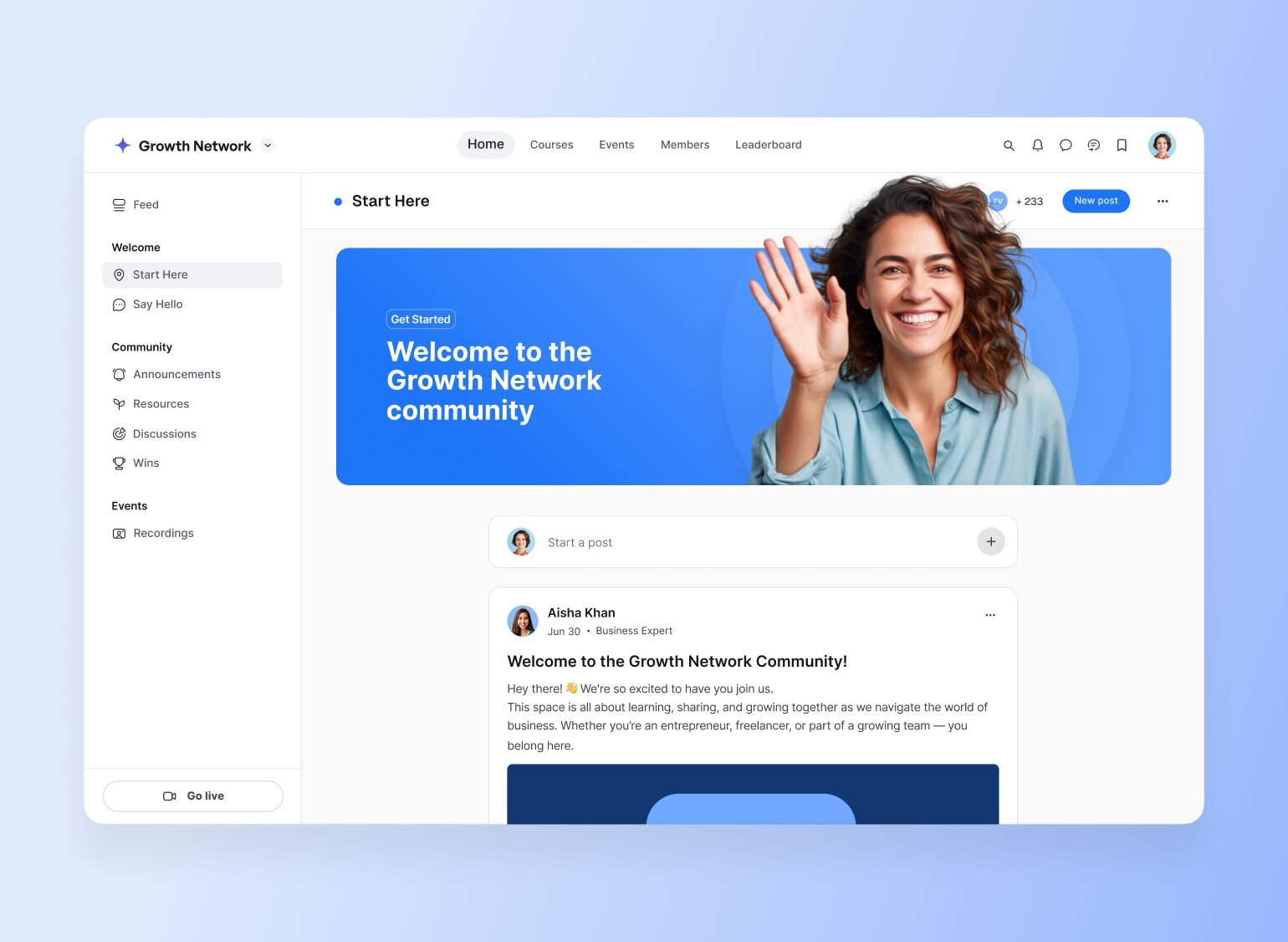 Growth Network community homepage showing a welcoming blue banner with a woman waving, navigation menu, and welcome post from Aisha Khan introducing new members to the business community.