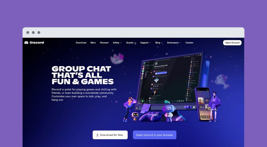 Discord homepage with dark blue/purple background showing "GROUP CHAT THAT'S ALL FUN & GAMES". Describes platform for gaming, connecting with friends and building communities with animated characters around interface mockup.