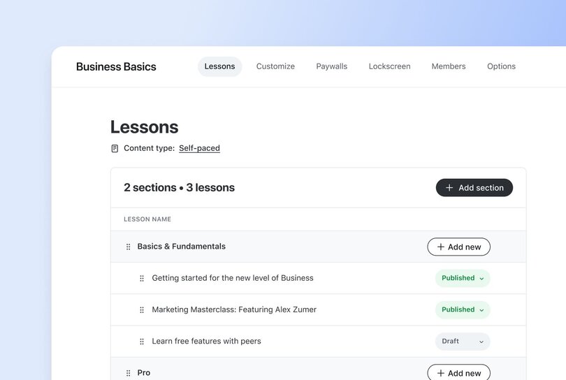 Course creation backend showing Business Basics lesson structure with 2 sections and 3 lessons, including published and draft content with editing options