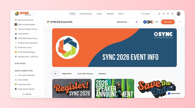 SYNC Circle community platform dashboard showing the SYNC 2026 Event Info page. A large banner features the SYNC logo with the text 'SYNC 2026 Event Info'. The left sidebar includes menu items like Baytowne Discounts, Speaker Voting, Media Drop, and Conference Tools. Tabs below the banner highlight Registration, Jump Start Classes, and Speakers. Featured cards include graphics for registering, speaker announcements, and a 'Save the Date' message.