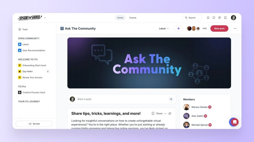 A Circle community space called "Ask The Community" with a dark purple banner and member list on the right.