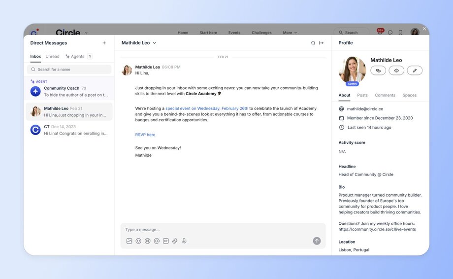 Screenshot of Circle platform showing a direct message conversation between Mathilde Leo and a user named Lina about Circle Academy. The interface displays Mathilde's profile information including her bio as a community builder based in Lisbon, Portugal.