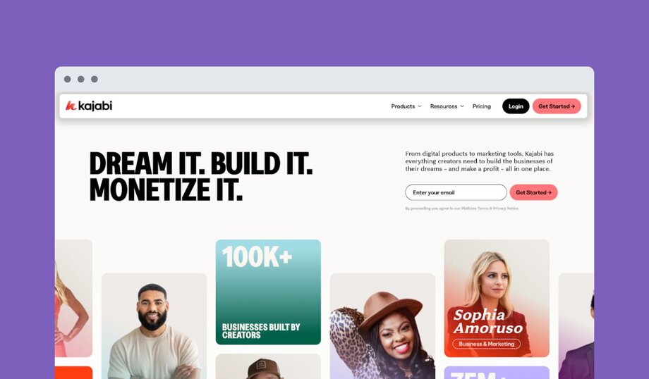 Kajabi platform homepage with tagline "DREAM IT. BUILD IT. MONETIZE IT." Describes digital products and marketing tools for creators with "100K+ BUSINESSES BUILT BY CREATORS" metric and profile images of successful users.