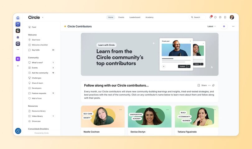 Circle Contributors program page showing the heading 'Learn from the Circle community's top contributors' with three featured contributor profiles: Noelle Cochran (Self-care Society), Denise Devlyn (OnePointFive Academy), and Tatiana Figueiredo (Build a Community Business)