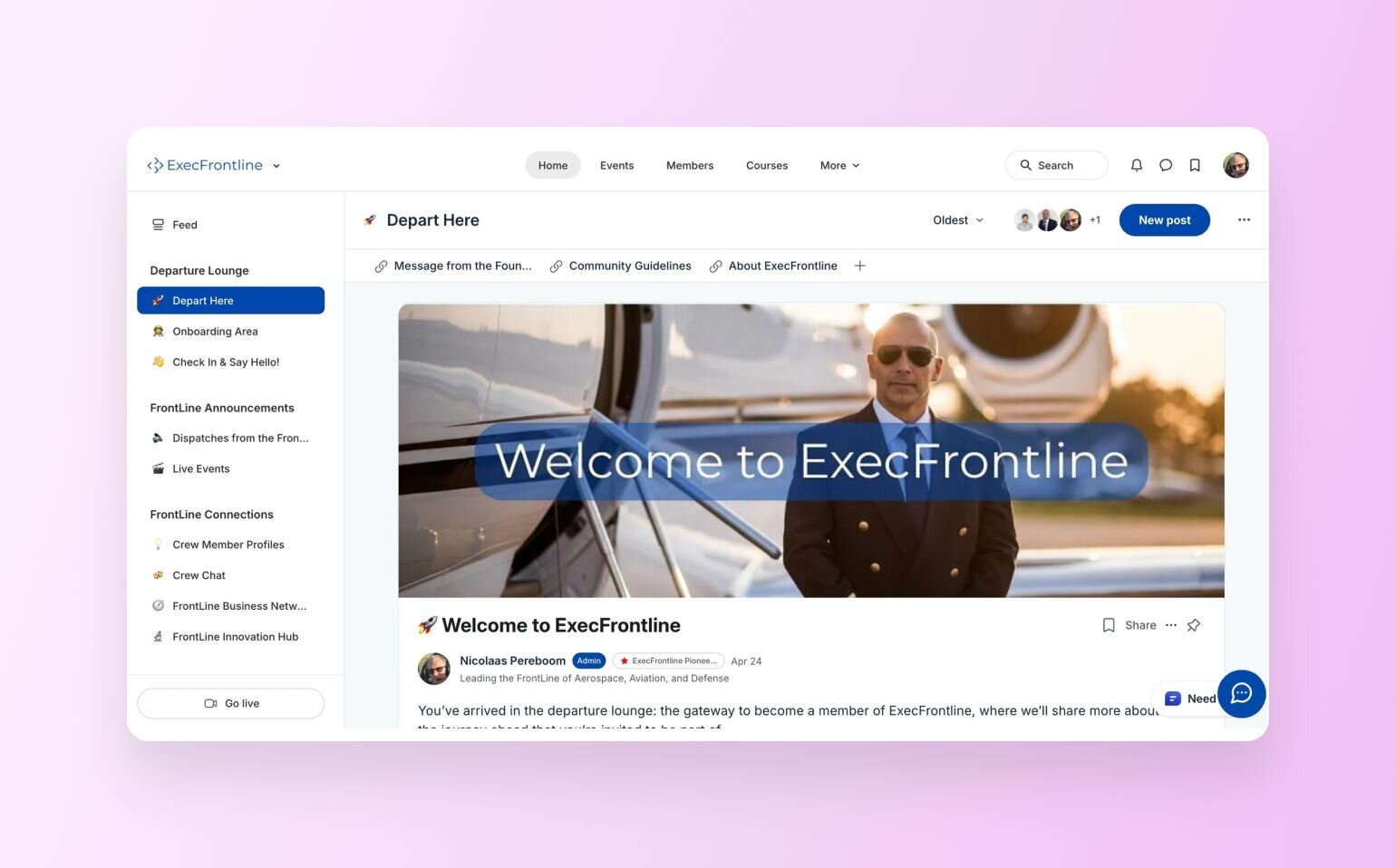 ExecFrontline member community "Depart Here" section showing navigation sidebar with departure lounge, onboarding, announcements, and connection areas. Main content displays "Welcome to ExecFrontline" banner image featuring pilot in cockpit at sunset. Post from founder Nicolaas Pereboom welcomes new members to the departure lounge and community gateway.