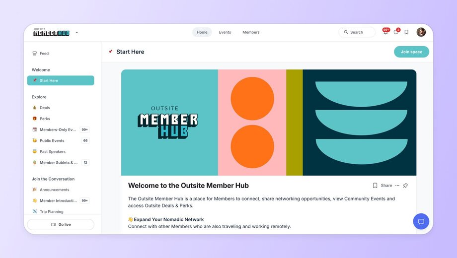 Screenshot of the Outsite Member Hub community platform homepage, featuring colorful geometric design elements and welcoming text that describes it as a place for members to connect, share networking opportunities, view events, and access deals and perks.