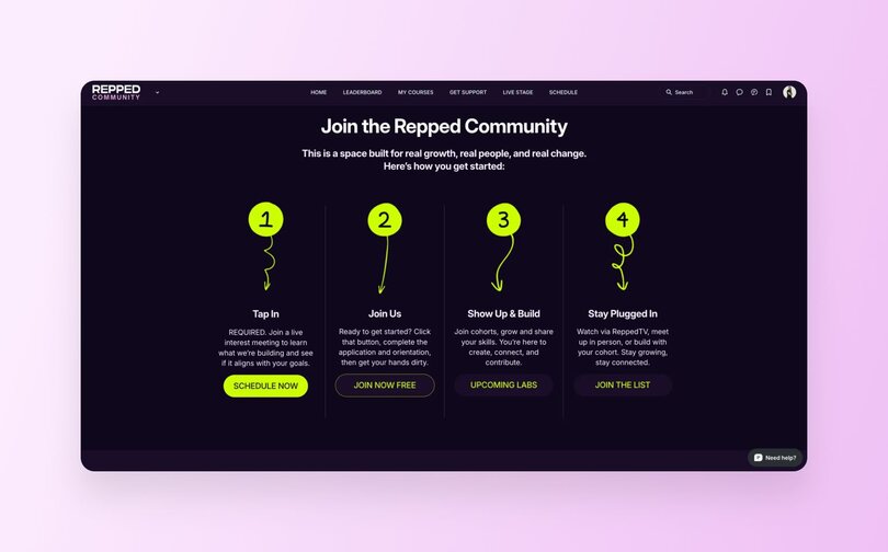Repped Community's four-step onboarding process displayed as numbered circles with arrows. Steps include: "Tap In" (schedule interest meeting), "Join Us" (complete application), "Show Up & Build" (join cohorts and share skills), and "Stay Plugged In" (watch ReppedTV and build with cohort).