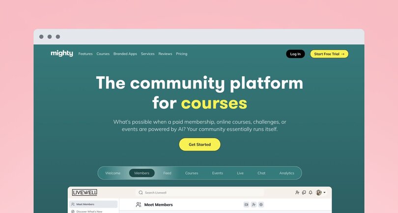 Mighty Networks platform homepage showcasing their course-focused community platform. Features teal background with heading 'The community platform for courses' and preview of member interface below.