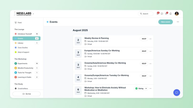 Calendar view of the “Events” space in the Ness Labs community on Circle. Shows a list of virtual events scheduled in early August 2025, including co-working sessions and workshops with RSVP buttons.