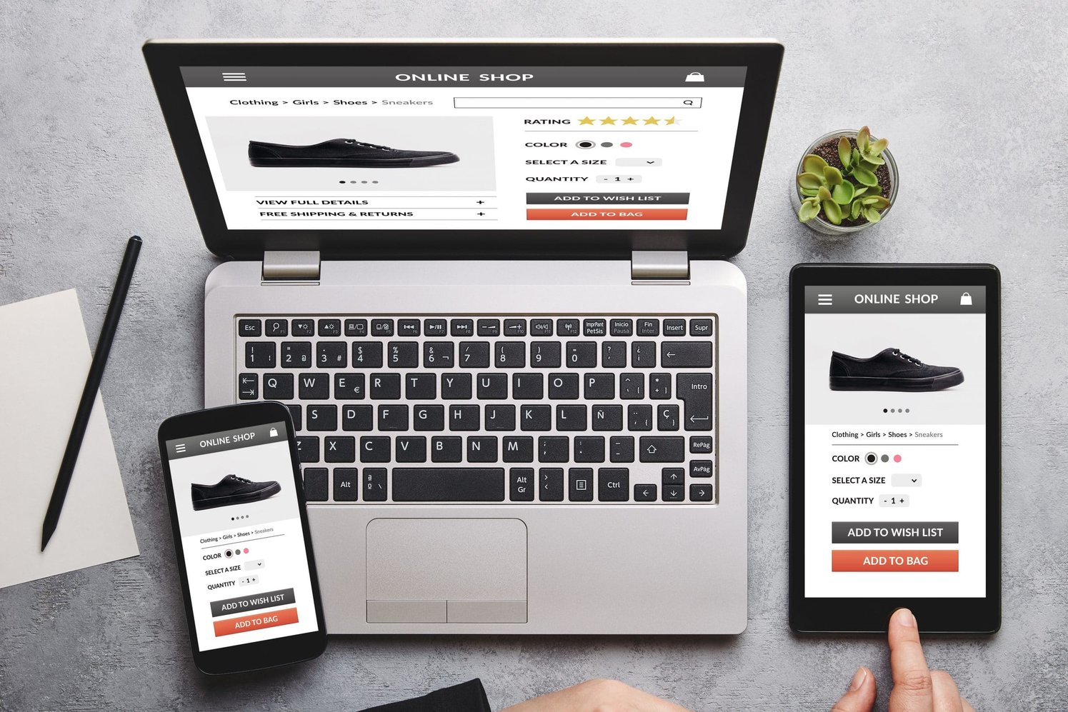 Computer, phone, and tablet showing the same page about shoes in different formats 