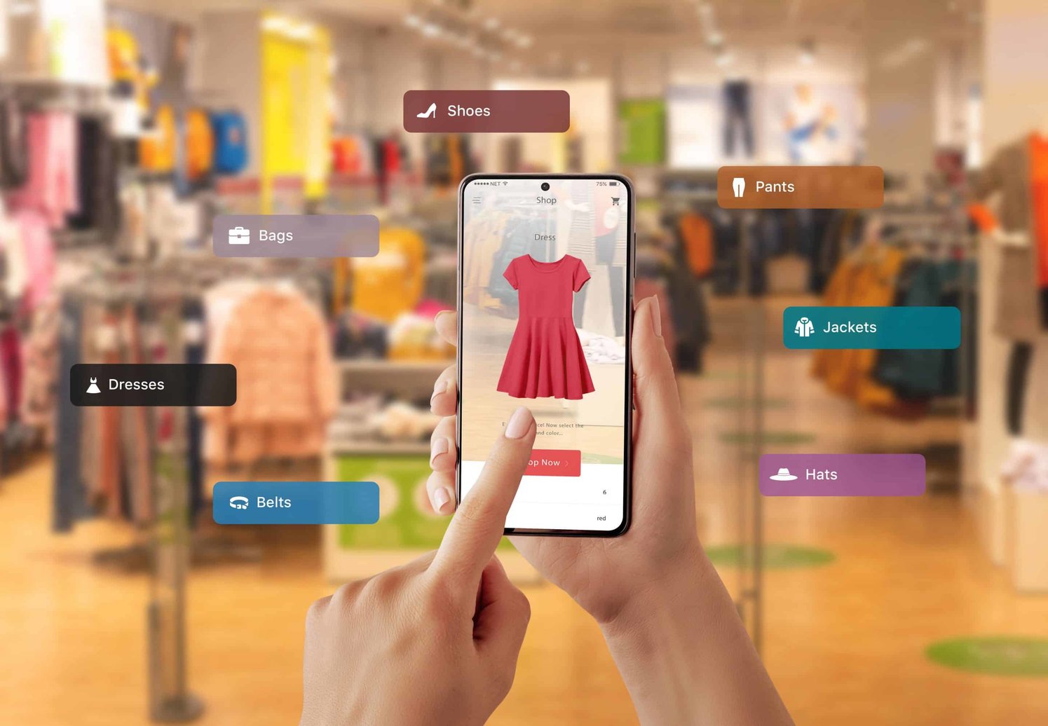 A hand holding a phone, while the other hand is pointing with the index finger at the phone screen that has a red dress. On the phone sides there are different clothing categories. 