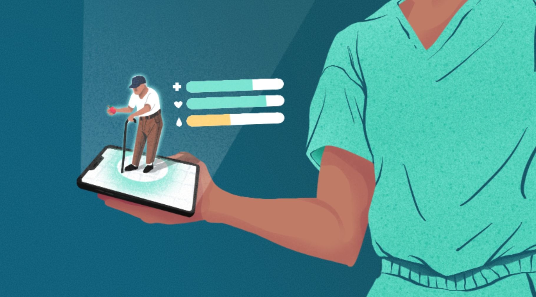 A graphic of a healthcare worker with an elderly person an a phone