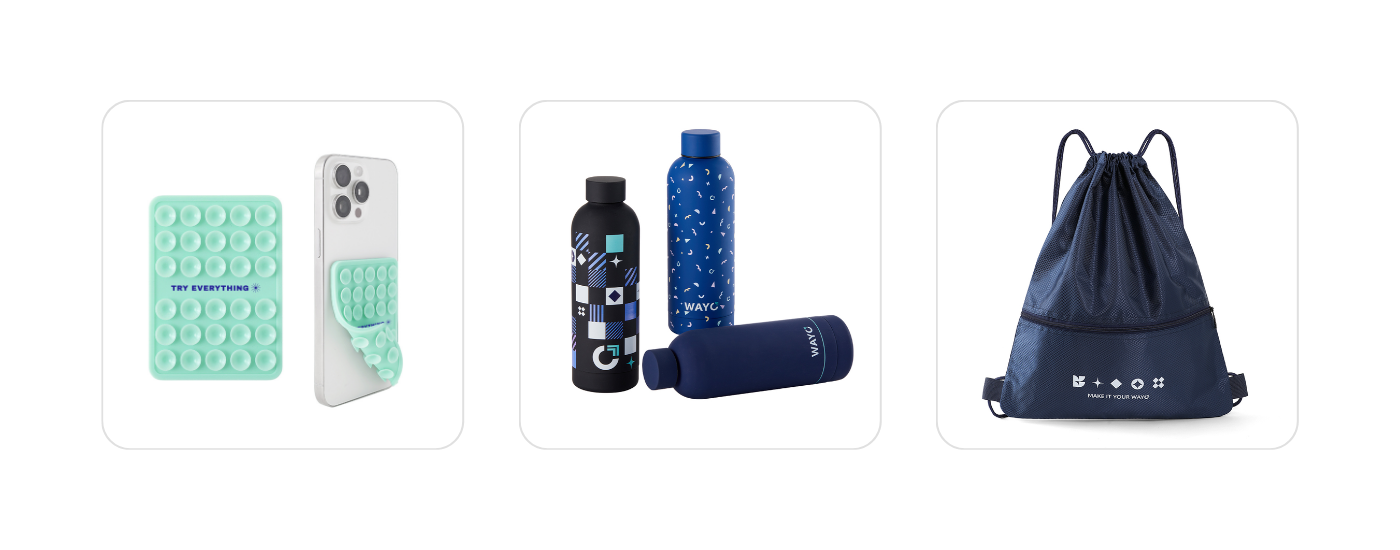 A collection of trendy custom merch items from Wayo: a mint green pop fidget phone grip, a set of matte custom-designed water bottles, and a navy drawstring bag with icon-based branding. The image highlights fun, practical, and portable merch options with modern design appeal.