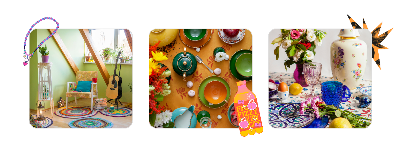 Vibrant maximalist fall trends for 2025 featuring colorful tea sets, eclectic decor, and playful accents for bold custom product inspiration.