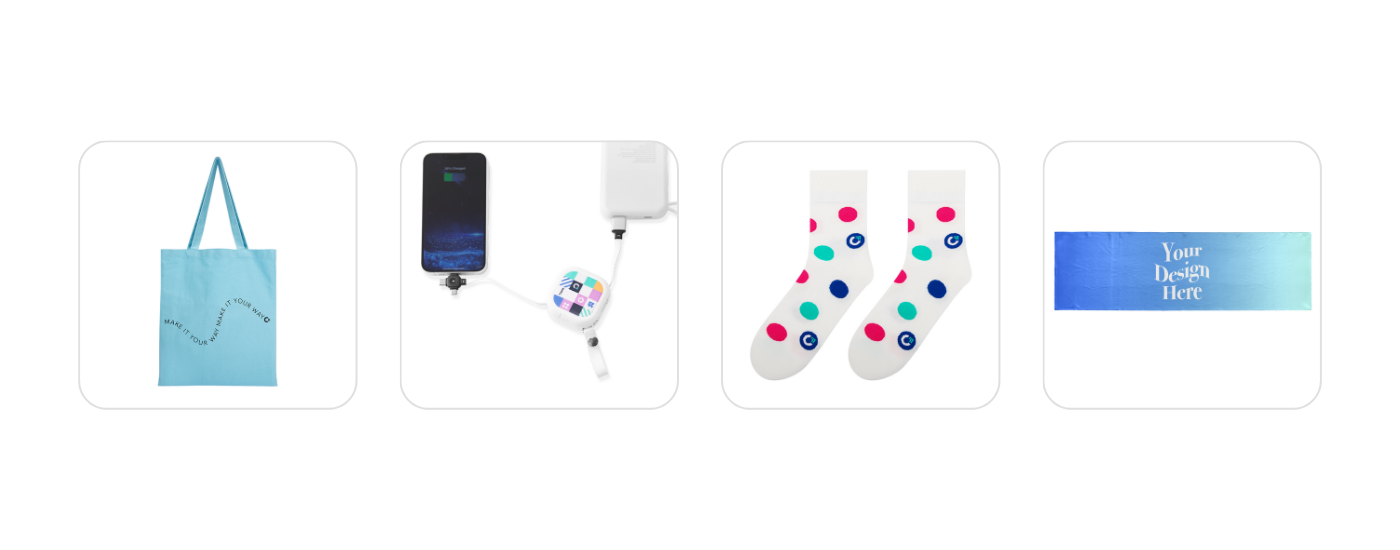 Small business marketing giveaway examples from Wayo: custom tote bag, 3-in-1 charging cable, branded socks, and a quick-dry gym towel