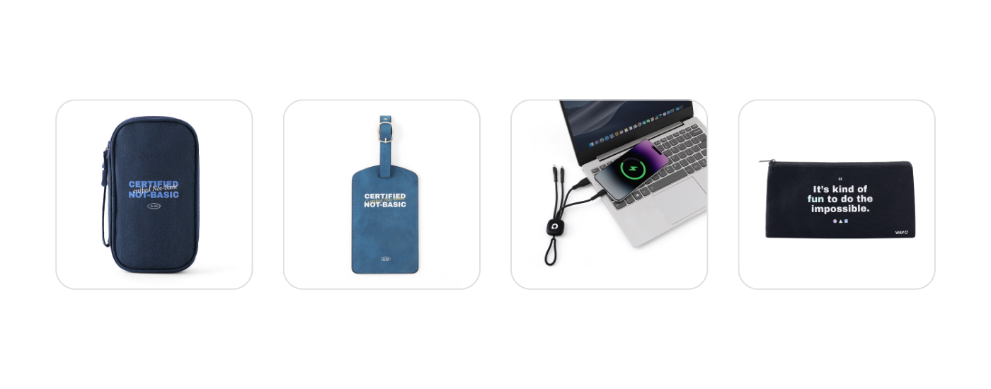 Tech pouch, luggage tag, 3-in-1 charging cable, and travel pouch — useful and stylish holiday gift ideas for travelers.