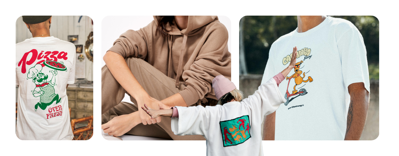 Collection of custom printed streetwear: a white t-shirt with a cartoon pizza chef and the word 'Pizza', a beige loungewear set, a back view of a white sweatshirt with bold embroidered artwork, and a white tee with a colorful cartoon scooter design.