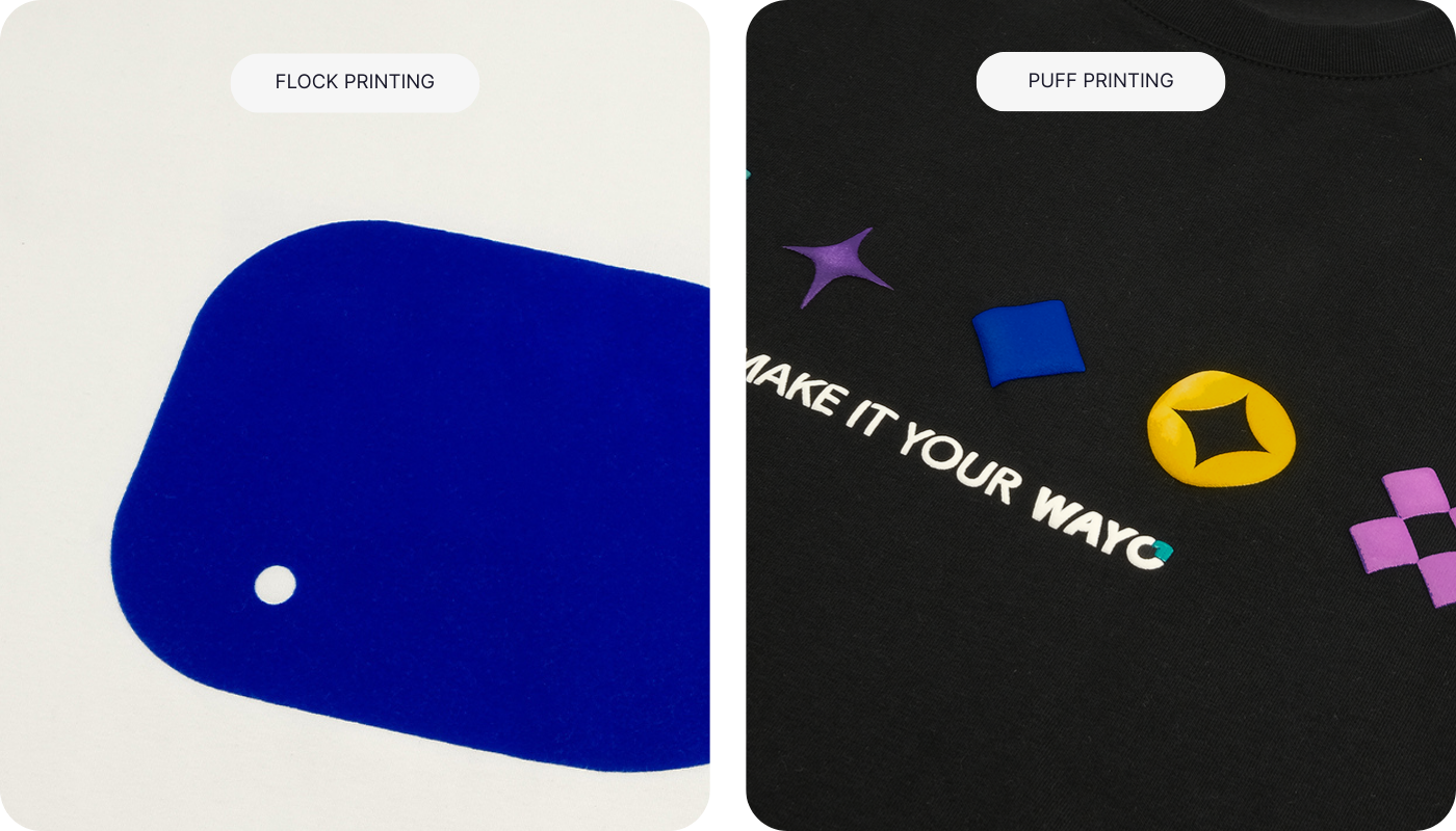 Side-by-side visual comparison of two textured printing techniques: flock printing with a soft, velvety texture, and puff printing with raised colorful graphics.