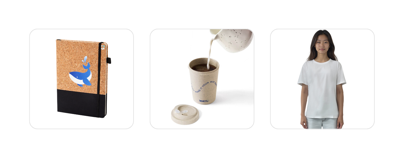 Eco-conscious Wayo merch items featuring a cork notebook, wheat straw reusable cup, and a sustainable t-shirt made from Sorona plant fiber.