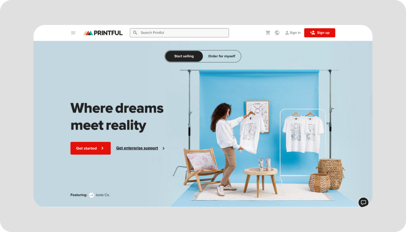 Graphic showing a screenshot of the Printful homepage