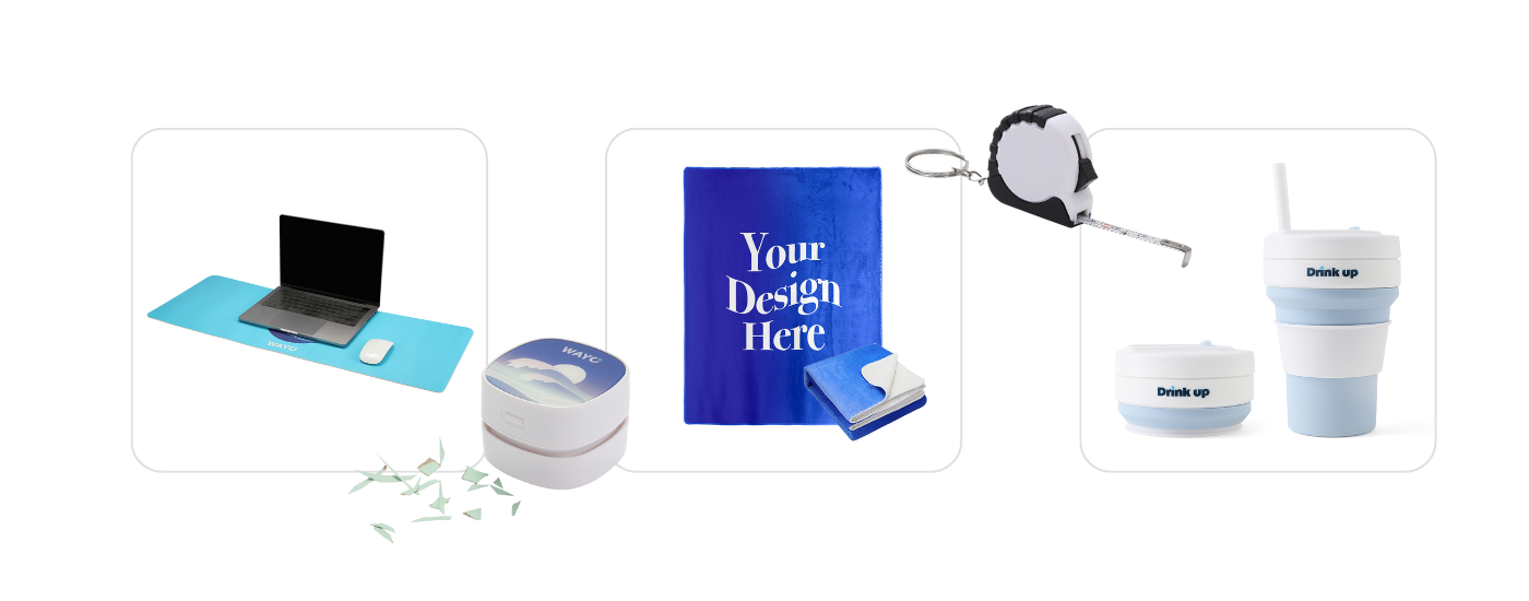 Assorted desk-friendly Wayo products including a branded desk mat, mini desk vacuum, fleece blanket, mini tape measure, and collapsible silicone cup. foldable silicone cup.