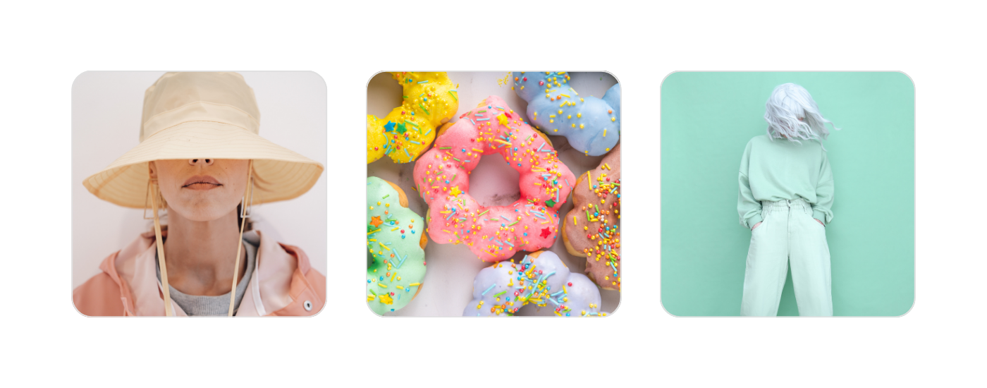 A triptych of visuals featuring soft, pastel-toned trends: a woman in a pale yellow bucket hat, a stack of colorful donut-shaped pastries with sprinkles, and a figure in a mint green outfit against a matching backdrop. The set captures cozy, whimsical, and monochrome design themes.