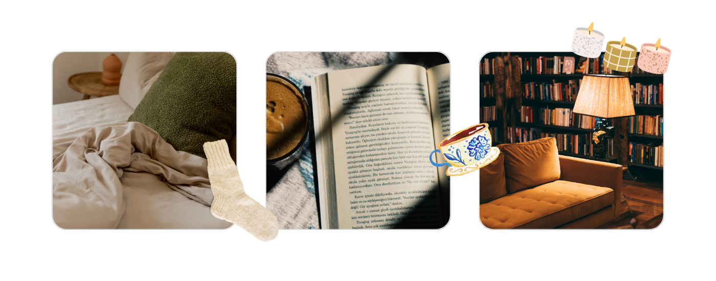 Cozy fall merch inspiration with neutral bedding, warm socks, a book, coffee, and candlelit library – 2025 autumn trend for soft textures and relaxation-themed products.