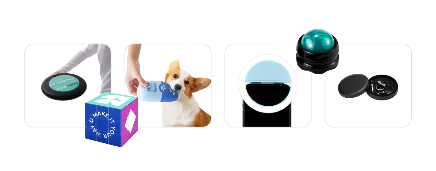 Creative small business giveaway ideas from Wayo, including a customizable flying frisbee, pet toy, rubik's cube, selfie ring light, manual massage roller, and mini wine kit.