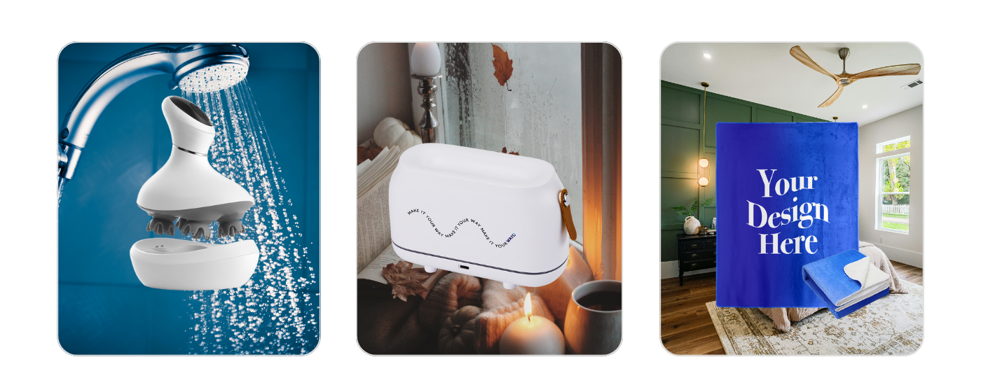 Wellness corporate gift ideas like scalp massager, humidifier, and fleece blanket promoting relaxation in 2025.